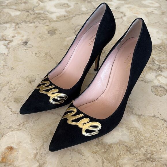 Kate Spade New York Gold “Love” Black Suede Leather Stiletto Heels Pumps - Picture 3 of 15